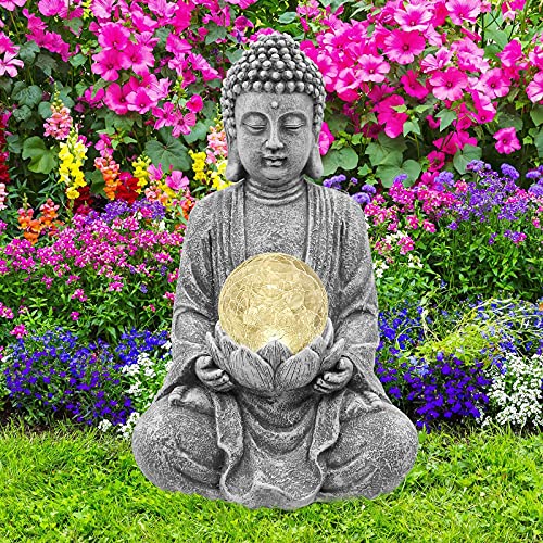 Nacome Meditating Buddha Statue with Solar Light,Zen Solar Garden Buddha with Cracked Glass Ball Sculpture-Indoor/Outdoor Decor for Balcony,Garden,Patio,Porch Yard Art Ornament,Gift