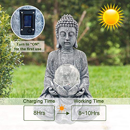 Nacome Meditating Buddha Statue with Solar Light,Zen Solar Garden Buddha with Cracked Glass Ball Sculpture-Indoor/Outdoor Decor for Balcony,Garden,Patio,Porch Yard Art Ornament,Gift
