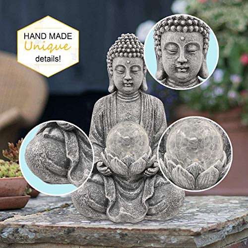 Nacome Meditating Buddha Statue with Solar Light,Zen Solar Garden Buddha with Cracked Glass Ball Sculpture-Indoor/Outdoor Decor for Balcony,Garden,Patio,Porch Yard Art Ornament,Gift