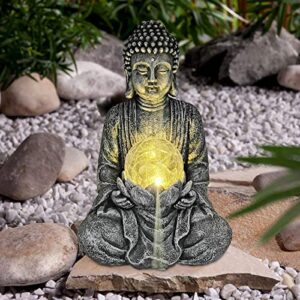 Nacome Meditating Buddha Statue with Solar Light,Zen Solar Garden Buddha with Cracked Glass Ball Sculpture-Indoor/Outdoor Decor for Balcony,Garden,Patio,Porch Yard Art Ornament,Gift