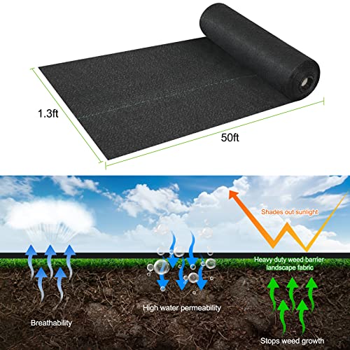 Jevrench 5oz Weed Barrier Landscape Fabric Heavy Duty, 1.3ft x 50ft Dual-Layer Premium Garden Landscaping Fabric, Ground Cover Weed Control Fabric Outdoor Weed Mat Garden Lawn Fabric