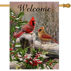 Selmad Home Decorative Merry Christmas Cardinal House Flag Welcome Winter Double Sided, Rustic Quote Red Birds Garden Yard Flag for Xmas, Outside New Year Holly Berry Vintage Outdoor Decorations 28x40