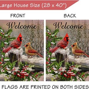 Selmad Home Decorative Merry Christmas Cardinal House Flag Welcome Winter Double Sided, Rustic Quote Red Birds Garden Yard Flag for Xmas, Outside New Year Holly Berry Vintage Outdoor Decorations 28x40