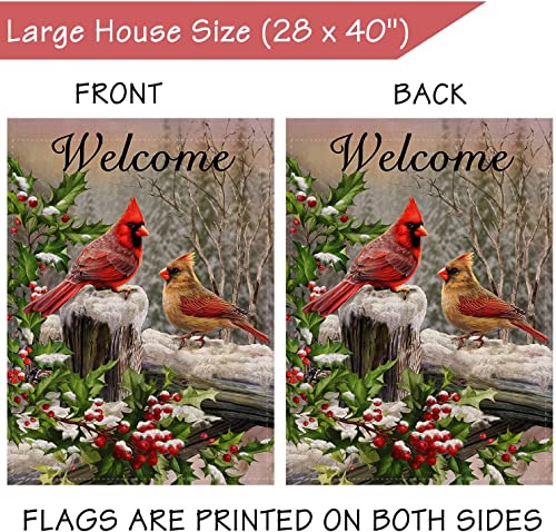 Selmad Home Decorative Merry Christmas Cardinal House Flag Welcome Winter Double Sided, Rustic Quote Red Birds Garden Yard Flag for Xmas, Outside New Year Holly Berry Vintage Outdoor Decorations 28x40