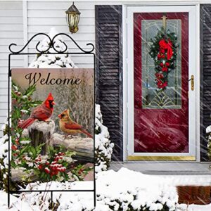 Selmad Home Decorative Merry Christmas Cardinal House Flag Welcome Winter Double Sided, Rustic Quote Red Birds Garden Yard Flag for Xmas, Outside New Year Holly Berry Vintage Outdoor Decorations 28x40