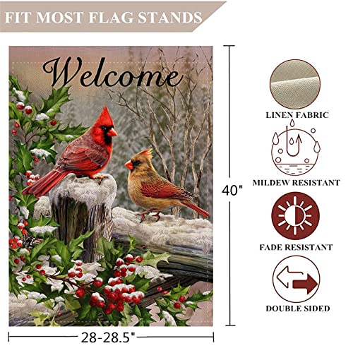 Selmad Home Decorative Merry Christmas Cardinal House Flag Welcome Winter Double Sided, Rustic Quote Red Birds Garden Yard Flag for Xmas, Outside New Year Holly Berry Vintage Outdoor Decorations 28x40