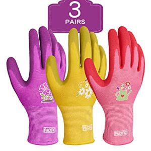 PACIFIC PPE 3 Pairs Gardening Gloves for women and Ladies, Rubber Coated Garden Gloves, Outdoor Protective Work Gloves, Medium Size fits Most, Purple & Yellow & Red