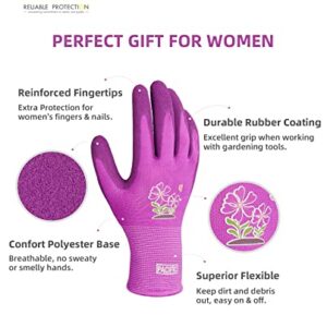 PACIFIC PPE 3 Pairs Gardening Gloves for women and Ladies, Rubber Coated Garden Gloves, Outdoor Protective Work Gloves, Medium Size fits Most, Purple & Yellow & Red