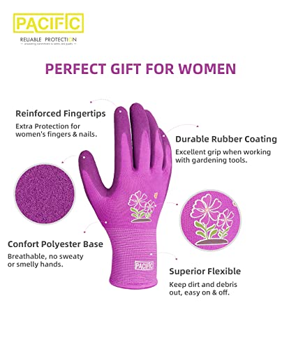 PACIFIC PPE 3 Pairs Gardening Gloves for women and Ladies, Rubber Coated Garden Gloves, Outdoor Protective Work Gloves, Medium Size fits Most, Purple & Yellow & Red