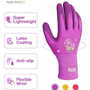 PACIFIC PPE 3 Pairs Gardening Gloves for women and Ladies, Rubber Coated Garden Gloves, Outdoor Protective Work Gloves, Medium Size fits Most, Purple & Yellow & Red