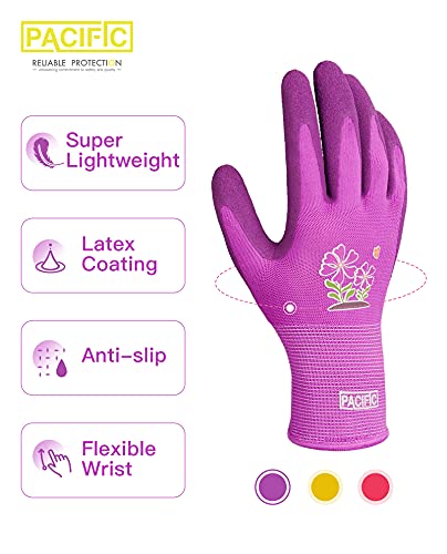 PACIFIC PPE 3 Pairs Gardening Gloves for women and Ladies, Rubber Coated Garden Gloves, Outdoor Protective Work Gloves, Medium Size fits Most, Purple & Yellow & Red