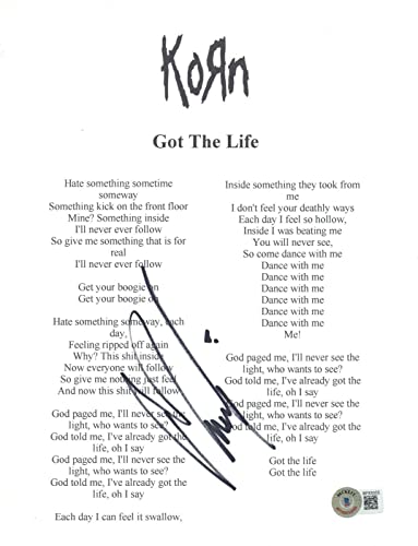 Munky James Shaffer Korn Signed Got The Life Song Lyric Sheet 8.5x11 Beckett COA