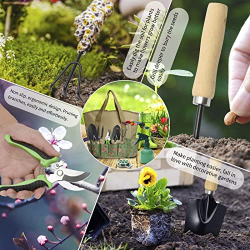 17 Pieces Garden Tools Set, Heavy Duty Gardening Hand Tool Kits with Sturdy Fabric Storage Bag, Gardening Set Planting Weeding Trimming Loosening Transplanting, Gardening Gifts for Women