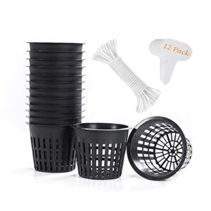 12 pack 3 inch net cup pots with 12 feet hydroponic self watering wick & 12 plant labels aquaponics mason jar bucket insert orchid kratky vegetable gardening growing netted baskets slotted mesh