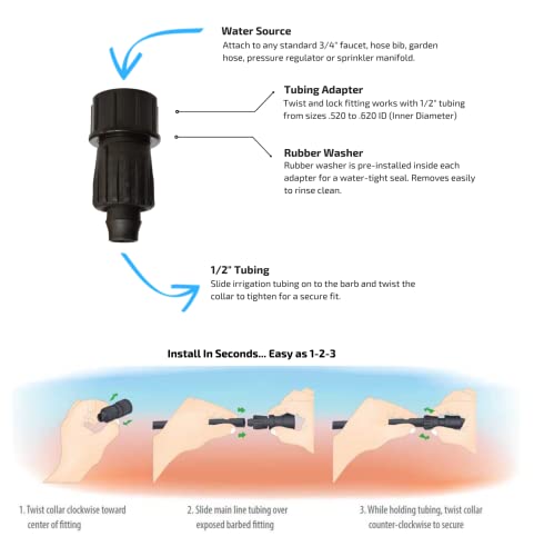 Habitech 3-Pack 1/2 Inch Drip Irrigation Tubing to Faucet/Garden Hose Adapter - Reusable Connector Fittings for Most Rain Bird, Orbit, Dig, Toro 1/2 or 5/8 Tubing x 3/4" FHT