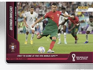 2022 panini instant world cup cristiano ronaldo #49-1st to score at 5 fifa world cups -11/24/22 -soccer trading card- portugal – print run of only 892 made! shipped in protective screwdown holder.