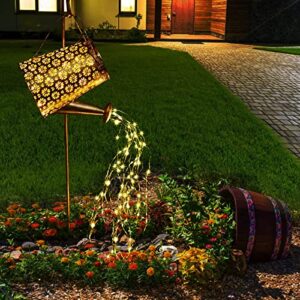 solar watering can with cascading lights, adorable outdoor hanging solar lantern, durable metal waterproof garden lights cute addition for garden yards rose bush patio pathway party
