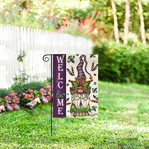 AVOIN colorlife Mardi Gras Welcome Garden Flag 12x18 Inch Vertical Double Sided, Gnome Bead Fleur de Lis Holiday Party Yard Outdoor Decoration