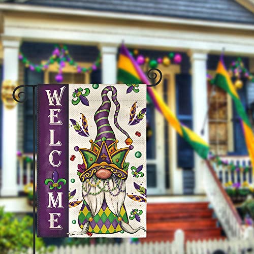 AVOIN colorlife Mardi Gras Welcome Garden Flag 12x18 Inch Vertical Double Sided, Gnome Bead Fleur de Lis Holiday Party Yard Outdoor Decoration