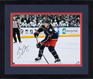 framed johnny gaudreau columbus blue jackets autographed 16″ x 20″ navy jersey shooting photograph – autographed nhl photos