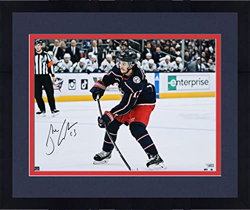 Framed Johnny Gaudreau Columbus Blue Jackets Autographed 16" x 20" Navy Jersey Shooting Photograph - Autographed NHL Photos