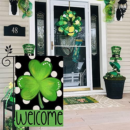 CROWNED BEAUTY St Patricks Day Garden Flag 12×18 Inch Double Sided Green Shamrock Clover Welcome Small Outside Vertical Holiday Yard Decor