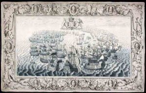 [plate illustrating the defeat of the spanish armada by the english fleet under the command of lord howard of effingham in 1588]