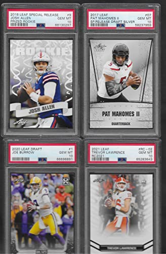 PSA 10 PATRICK"PAT" MAHOMES JOSH ALLEN JOE BURROW TREVOR LAWRENCE 4 CARD ROOKIE LOT LEAF GRADED PSA GEM MINT 10 NFL SUPERSTAR QUARTERBACKS