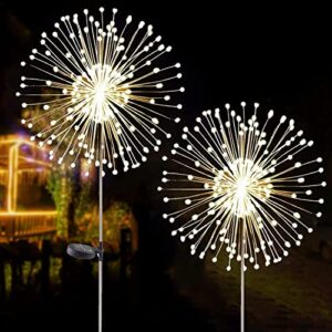 2 pcs solar firework light, outdoor solar garden decorative lights 120 led powered 40 copper wires string diy landscape light for walkway pathway backyard christmas decoration parties (warm white)