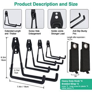 4 Pack Garage Hooks, Wall Hooks Heavy Duty, with 2 Extension Cord Storage Straps, Bike Hooks for Hanging Garage Wall, Garden Lawn Tools, Ladder, Hose Storage Rack Organizer