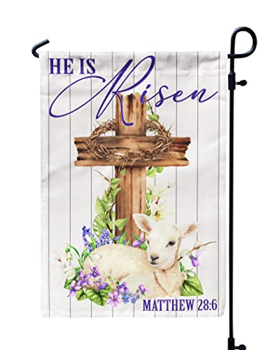 He is Risen Religious Garden Flags 12x18inch Burlap , Easter Cross Sheep Matthew 28:6 Flags for Spring Holiday Yard Decorations Outdoor