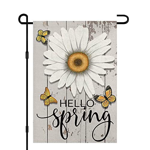 Hello Spring Flower Garden Flag 12x18 Inch Double Sided Burlap Outside, Seasonal Floral Sign Yard Outdoor Small Flags DF237