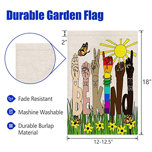 Swooflia Be Kind Garden Flag Spring Summer Flower Small Yard Flag for Outside Decor Burlap LGBT Garden Banner 12x18 Inch Double Sided HYQ-225