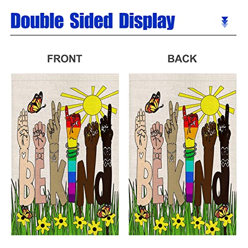 Swooflia Be Kind Garden Flag Spring Summer Flower Small Yard Flag for Outside Decor Burlap LGBT Garden Banner 12x18 Inch Double Sided HYQ-225