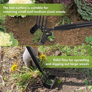 INFLATION Hoe Garden Tool for Weeding,Stirrup Hoe and 4 Tines Rake 2-in-1 Gardening Tool,Long Handle Hula Hoe for Garden,Lawn,Vegetable Garden Loose Soil,Weeding and Planting