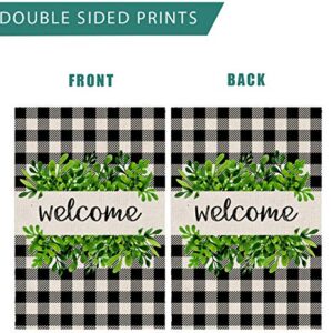 Spring Garden Flag Welcome Flags 12x18 Double Sided Buffalo Check Plaid Burlap Evergreen Yard Flags for Spring Winter Yard Outdoor Farmhouse Decor Small