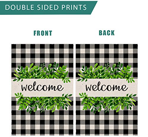 Spring Garden Flag Welcome Flags 12x18 Double Sided Buffalo Check Plaid Burlap Evergreen Yard Flags for Spring Winter Yard Outdoor Farmhouse Decor Small