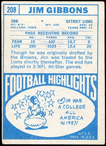 1968 Topps # 208 Jim Gibbons Detroit Lions (Football Card) VG/EX Lions Iowa