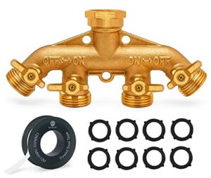 morvat heavy duty brass 4 way splitter, garden hose manifold connector with comfort grip on/off valves, adapter for water faucet & spigot, includes 8 extra washers, roll of teflon tape & mounting kit