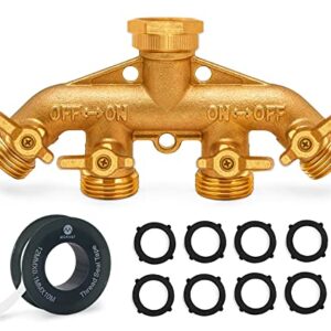 Morvat Heavy Duty Brass 4 Way Splitter, Garden Hose Manifold Connector with Comfort Grip ON/OFF Valves, Adapter for Water Faucet & Spigot, Includes 8 Extra Washers, Roll of Teflon Tape & Mounting Kit