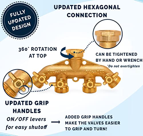 Morvat Heavy Duty Brass 4 Way Splitter, Garden Hose Manifold Connector with Comfort Grip ON/OFF Valves, Adapter for Water Faucet & Spigot, Includes 8 Extra Washers, Roll of Teflon Tape & Mounting Kit