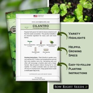 Sow Right Seeds - Cilantro Seed - Non-GMO Heirloom Seeds with Full Instructions for Planting an Easy to Grow herb Garden, Indoor or Outdoor; Great Gift (1 Packet)