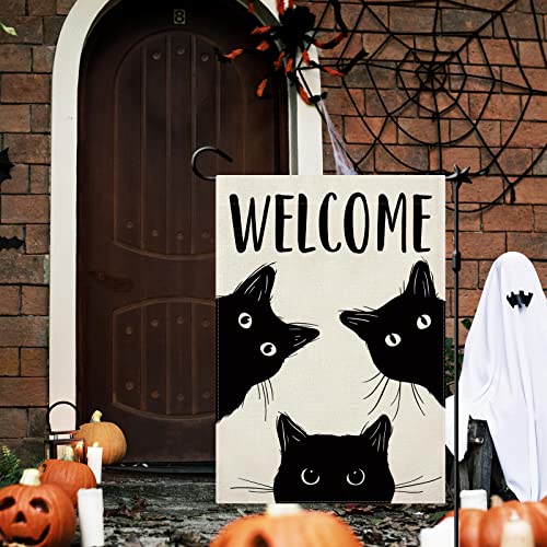 CMEGKE Black Cat Garden Flag Cat Flag Welcome Garden Flag Halloween Yard Flag Double Sided Burlap Holiday Halloween Farmhouse Home Outdoor Yard Decor Black Cat Halloween Decor 12.5 x 18 In