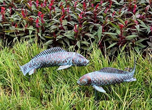 Garden Sculptures & Statues, Garden Statues, Koi Fish Decor, Antique Outdoor Statue Ornament, Metal Copper Garden Art, Set of 2 Fish Sculpture for Outdoors, Patio, Yard, Lawn, Pond and Home Decoration