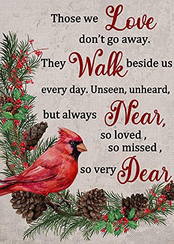 Furiaz Those We Love Don't Go Away Cardinal Red Bird Small Decorative Winter Garden Flag, Quote Yard Pincone Tree Branches Home Outside Decoration, Christmas Farmhouse Outdoor Decor 12x18