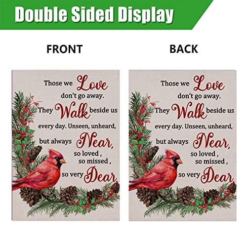 Furiaz Those We Love Don't Go Away Cardinal Red Bird Small Decorative Winter Garden Flag, Quote Yard Pincone Tree Branches Home Outside Decoration, Christmas Farmhouse Outdoor Decor 12x18