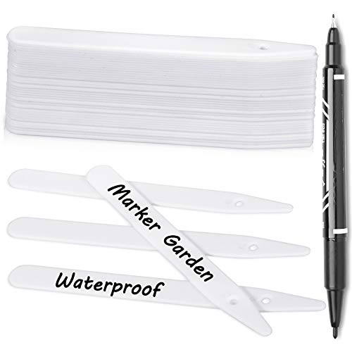 Whaline 200Pcs Thick Plastic Plant Labels with Hole White Garden Stakes Waterproof Garden Tag Signs for Greenhouse Seedlings Flowers Spotted Plants with 2 Marker Pen and A Roll of Twine (10 CM)