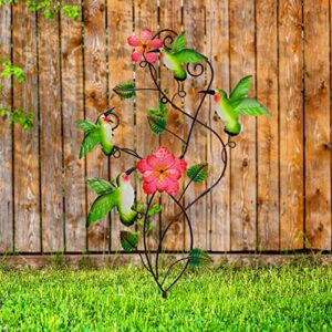 Juegoal 28 Inch Hummingbirds Garden Stake Decor, Colorful Look & Personalities Flowers Metal Wall Art Spring Decoration, Yard Outdoor Lawn Pathway Patio Ornaments