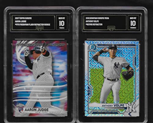 AARON JUDGE & ANTHONY VOLPE 2 CARD ROOKIE REFRACTOR LOT GRADED GMA GEM MINT 10 YANKEES SUPERSTAR MVP PLAYER AND STARTING SHORTSTOP