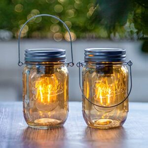 outdoor mason jar lights hanging, 2-pack led decorative garden lanterns with timer, battery operated vintage glass light for patio camping courtyard backyard tree hallway stairs farmhouse (2*amber)
